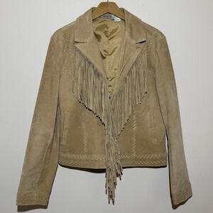 Vintage Tan Suede Fringe Leather Jacket Western Boho 70s Cowgirl Festival Sz 14